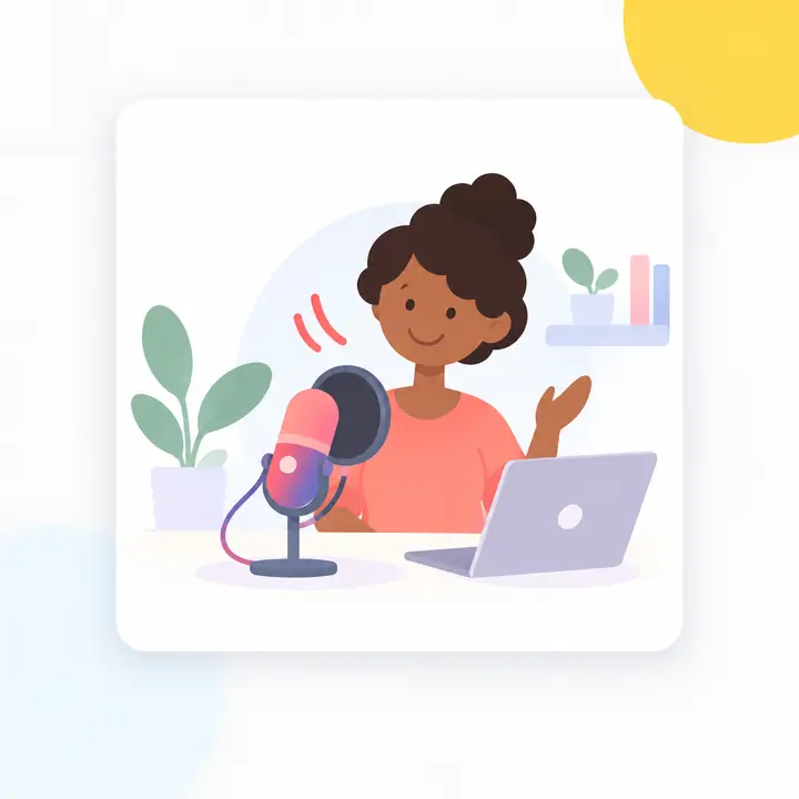 A course instructor recording a lesson with a microphone in a cheerful illustration.