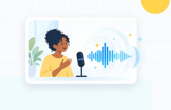 A presenter and microphone beside crisp blue audio waveforms in a light illustration.