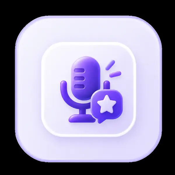 A small purple microphone and review icon on a pale tile.