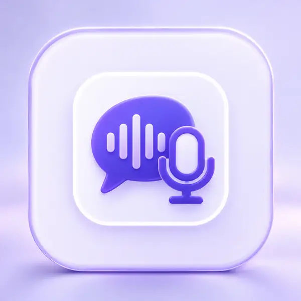 A small purple speech and microphone icon on a pale tile.