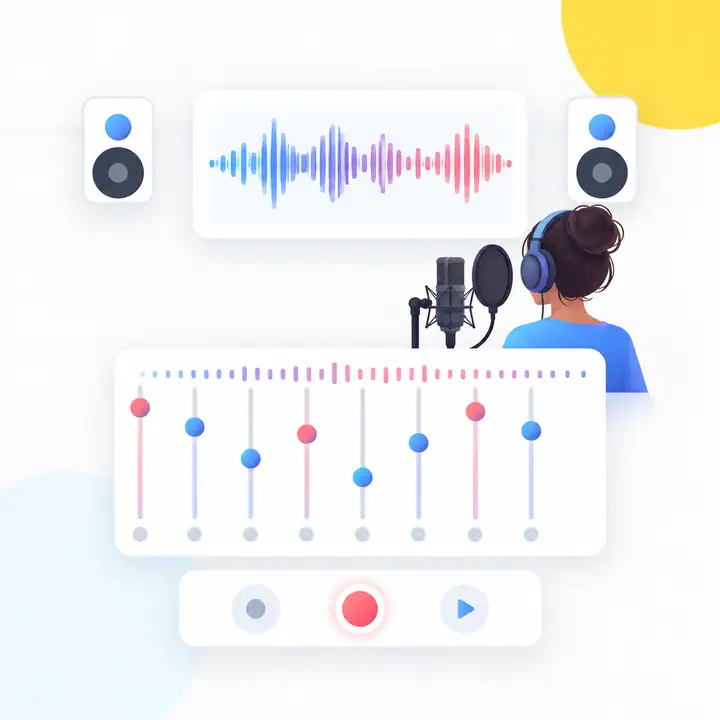 An audio producer working with vocal waveforms and recording controls in a light illustration.