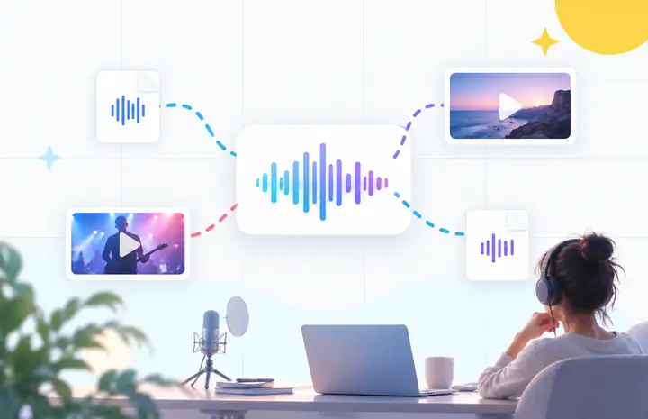 An illustrated media workspace connecting audio clips and video files to a central waveform.
